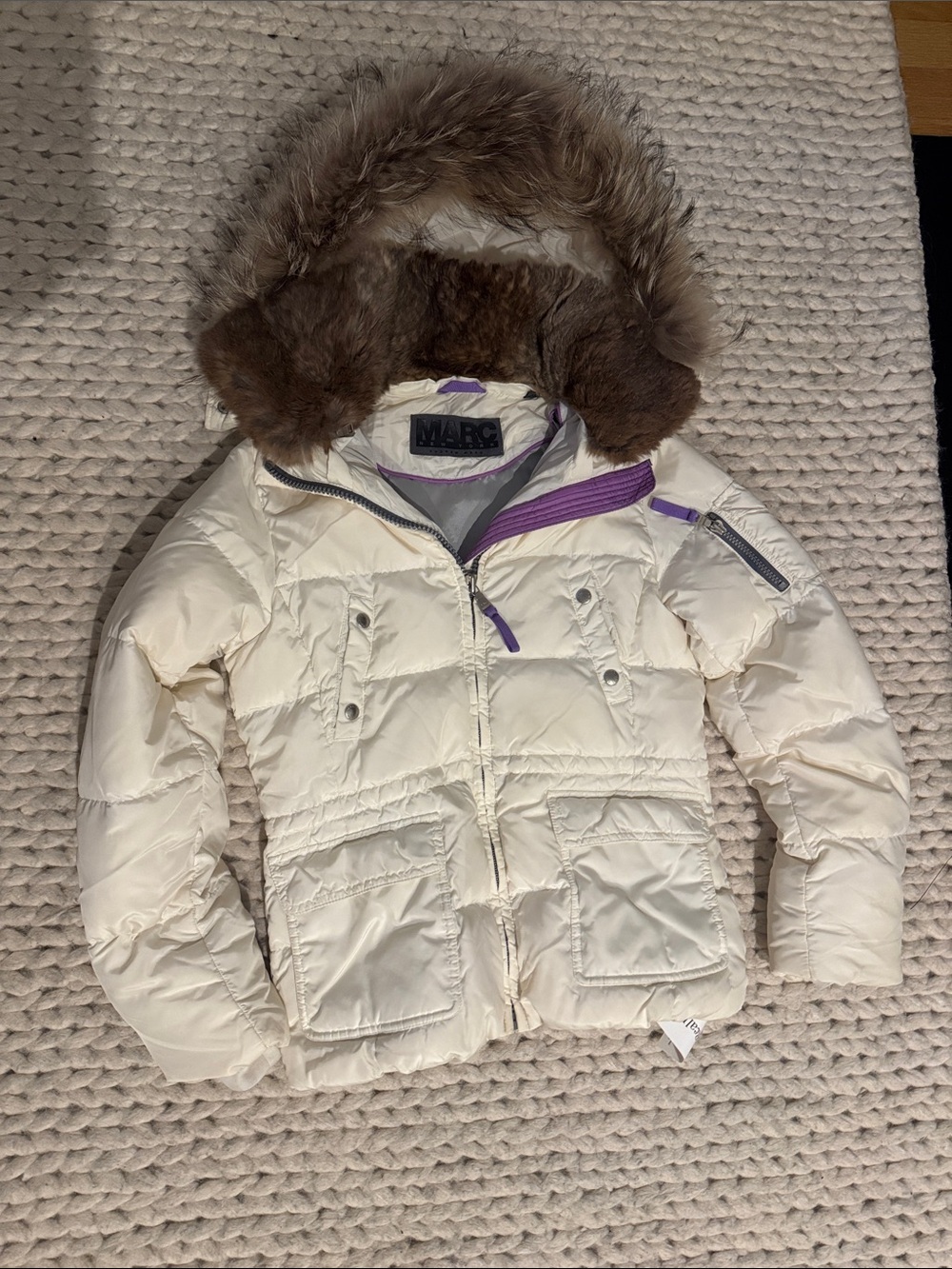 Marc New York Cream Down Puffer Jacket with Fur-Trim Hood